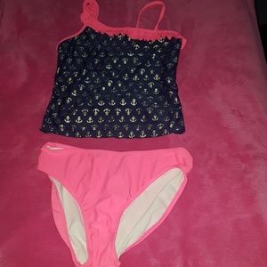 Navy blue, pink, and golden 2 piece swimsuit